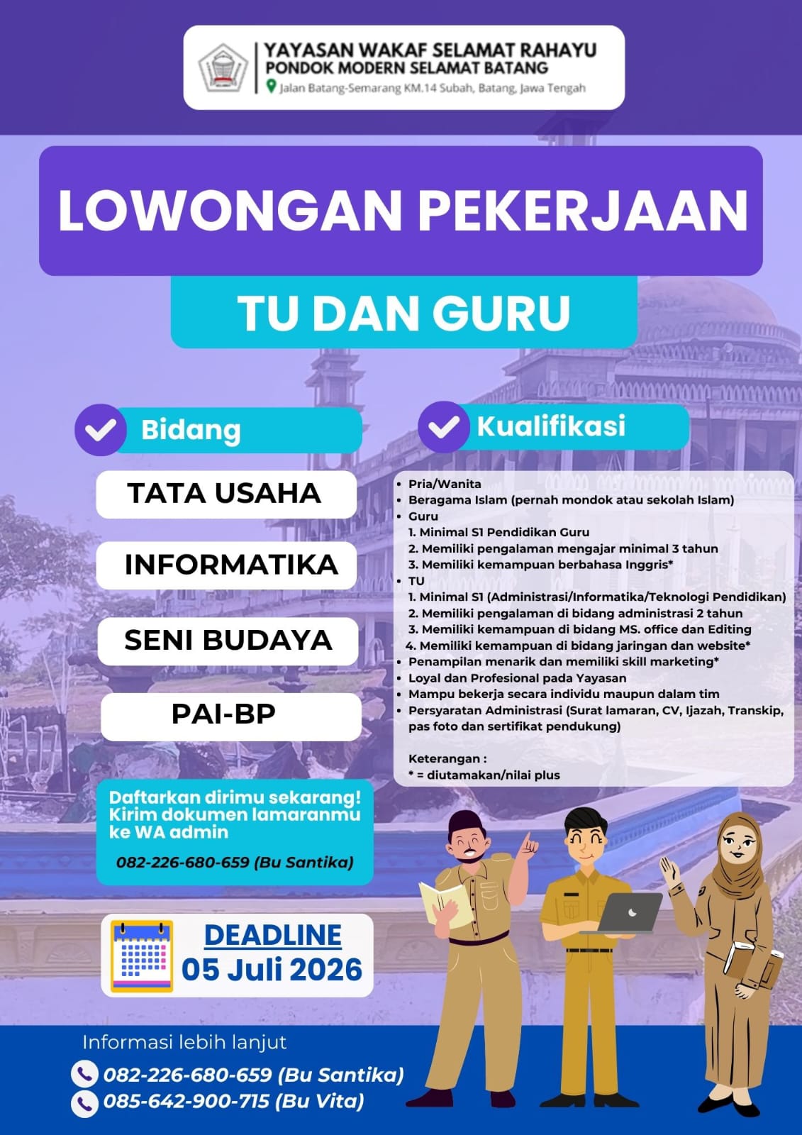 Yayasan Wakaf Selamat Rahayu Buka Lowongan Tata Usaha dan Guru, Pendaftaran Dibuka hingga 5 Juli 2026